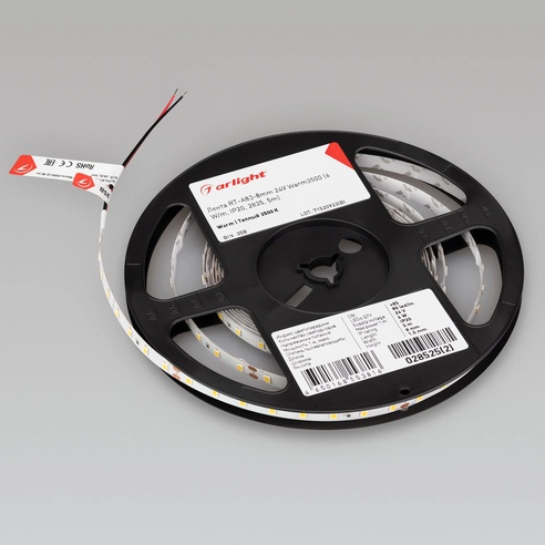 Лента светодиодная RT-A80-8mm 24V Warm3500 (6 W/m, IP20, 2835, 5m) (Arlight, Открытый)