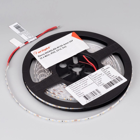 Лента светодиодная MICROLED-M120-4mm 24V White6000 (9.6 W/m, IP20, 2216, 5m) (Arlight, узкая)