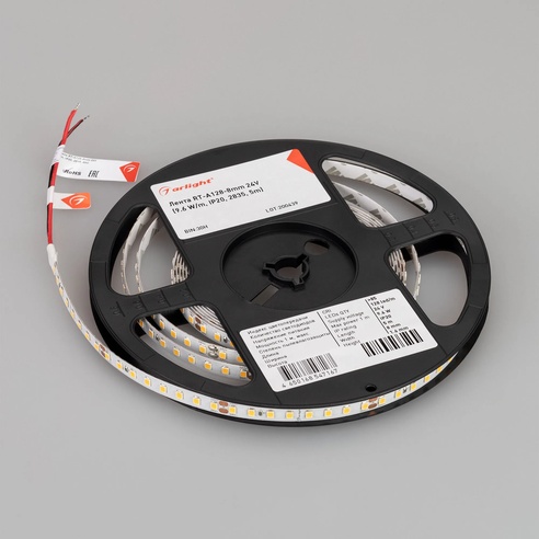 Лента светодиодная RT-A128-8mm 24V White6000 (9.6 W/m, IP20, 2835, 5m) (Arlight, высок.эфф.150 лм/Вт)