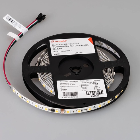 Лента светодиодная SPI-B60-10mm 24V Warm3000-PX6-RAM (15 W/m, IP20, 5060, 5m) (Arlight, бегущий огонь)