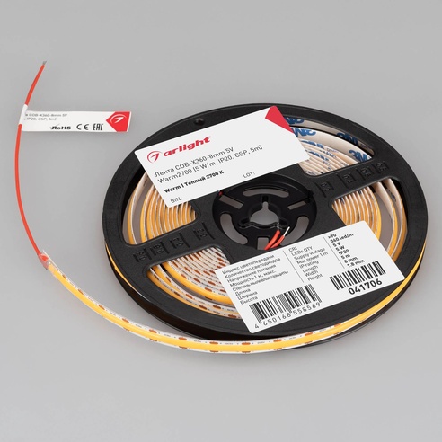 Лента COB-X360-8mm 5V Warm2700 (5 W/m, IP20, 5m) (Arlight, -)