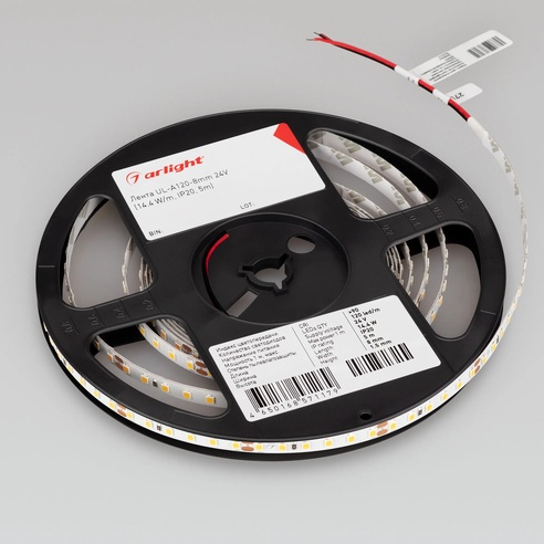 Лента светодиодная UL-A120-8mm 24V White6000 (14.4 W/m, IP20, 5m) (Arlight, 7 лет)