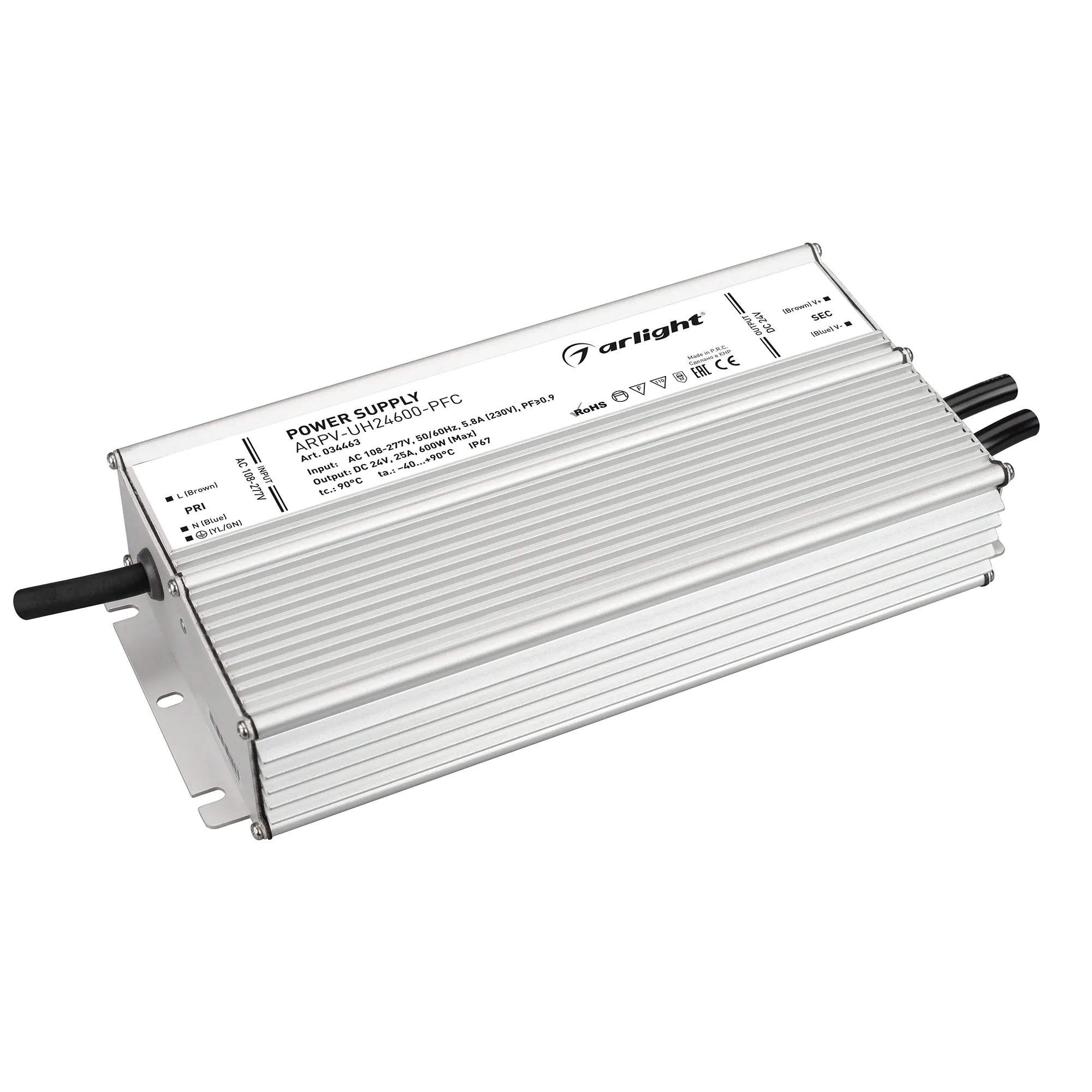Блок питания ARPV-UH24600-PFC (24V, 25A, 600W) (Arlight, IP67 Металл, 7 лет) - изображение товара
