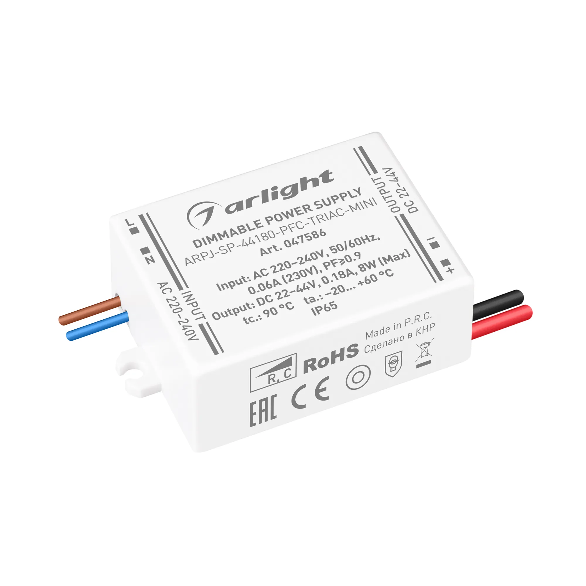 Блок питания ARPJ-SP-44180-PFC-TRIAC-MINI (8W, 22-44V, 180mA) (Arlight, IP65 Пластик, 5 лет) - изображение товара